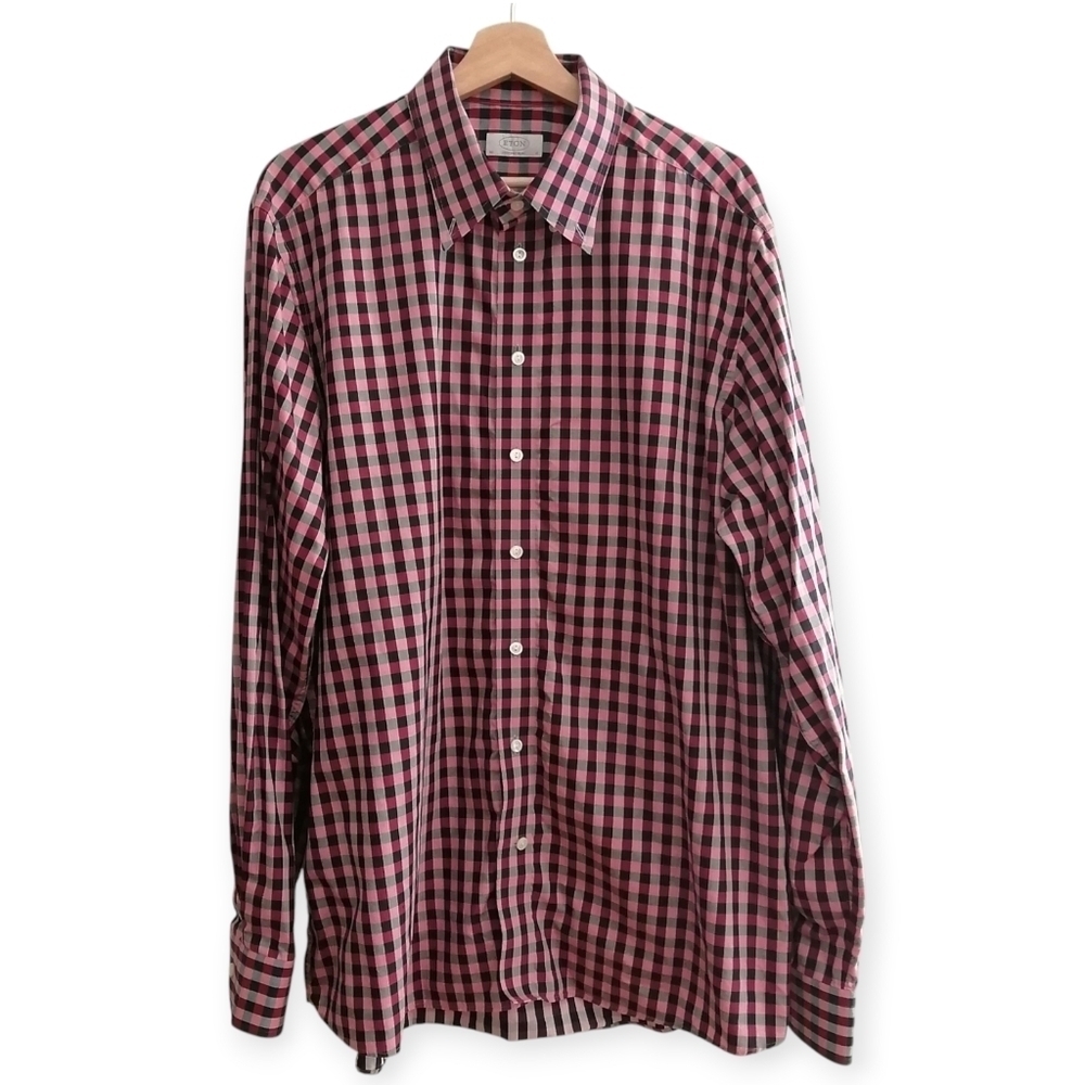 Eton Men's Contemporary Fit Black and Red Plaid Button Down Shirt Size 18 Neck